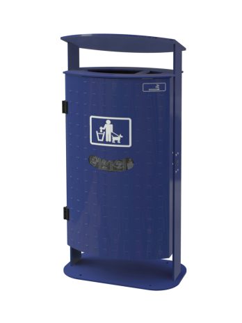 Stand-Abfallbehälter mit abgeschrägter Haube in Noppenblech-Design und integriertem Beutelspender zum Aufschrauben