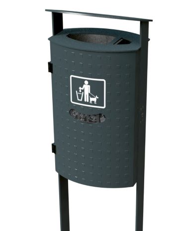 Stand-Abfallbehälter mit abgeschrägter Haube in Noppenblech-Design und integriertem Beutelspender zum Einbetonieren